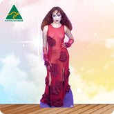 Cardboard cutout of a woman in a red dress with floral details on a gradient background, featuring 'Australian Made' logo.